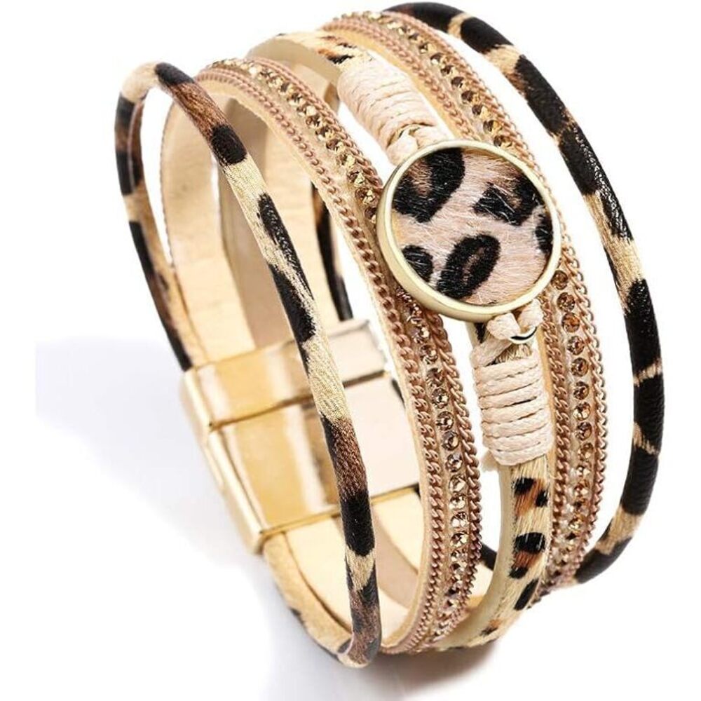 Leopard Bracelet For Women, Boho Leather Wrap Multi-Layer Pearl Crystal Bracelet